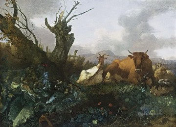 Willem Romeijn kuh Ziegen und Schaf auf einer Wiese Ölgemälde